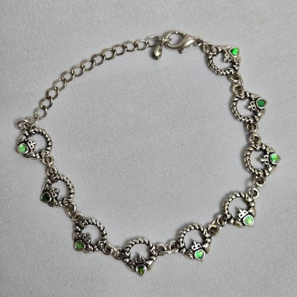 Irish Claddagh Bracelet, Sliver Tone/Green Stones, Lobster Clasp - Picture 1 of 5
